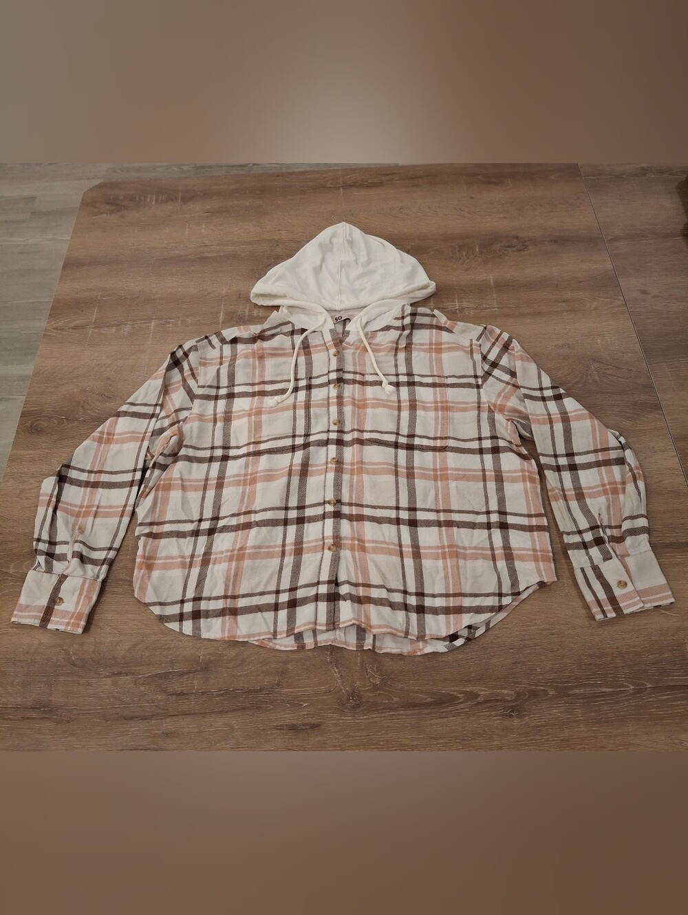 SO Goods For Life Plaid Hooded Button-Down Shirt XL Pink Brown White